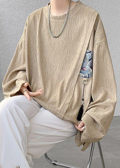 Khaki Shirts Cotton Men Tasseled T Loose Solid Spring