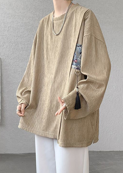 Khaki Shirts Cotton Men Tasseled T Loose Solid Spring