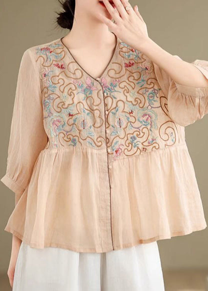 Linen Shirt Loose Khaki V Neck Fall Embroidered