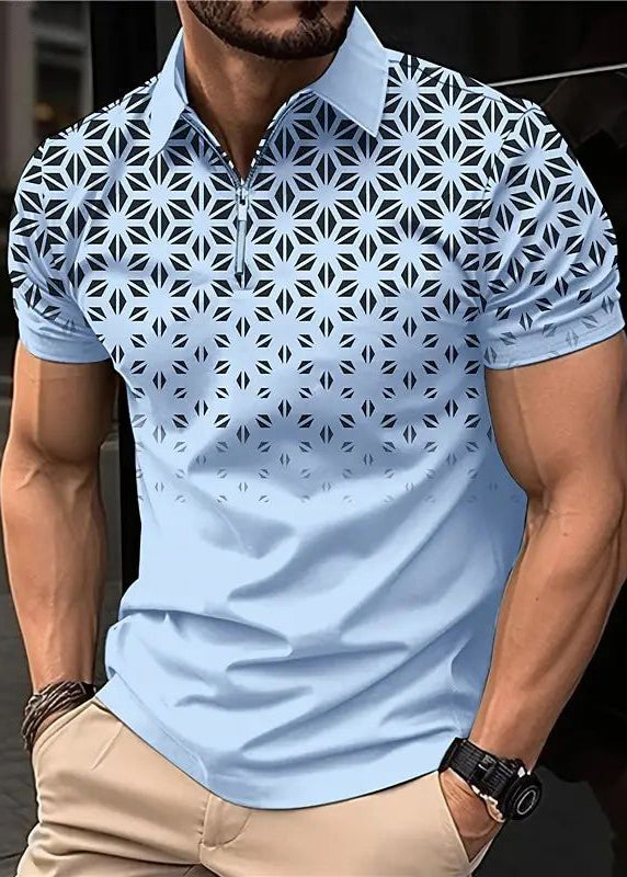 Cotton Up Zip Polo Print Shirts Loose Mens Khaki Summer