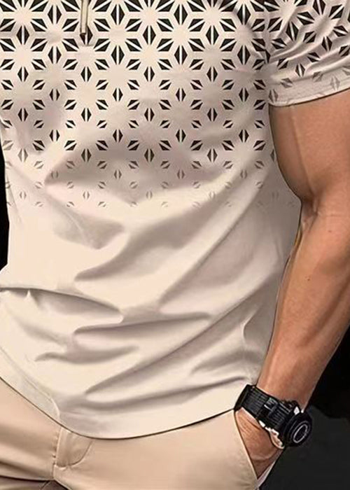 Cotton Up Zip Polo Print Shirts Loose Mens Khaki Summer