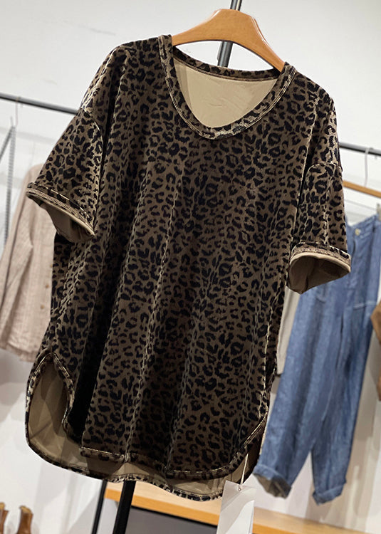 Open Neck Leopard Loose Shirt Velour Side O Silk Summer T