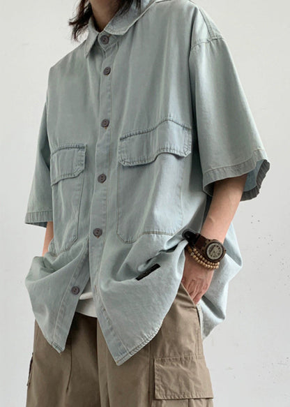 Summer Button Denim Men's Light Shirts Loose Pockets Blue
