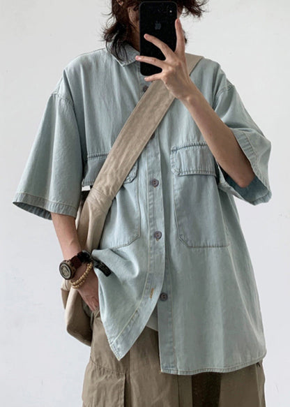 Summer Button Denim Men's Light Shirts Loose Pockets Blue