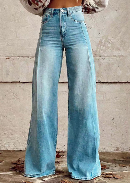 Blue Denim Waist Wide Leg High Loose Pants Light Button Pockets