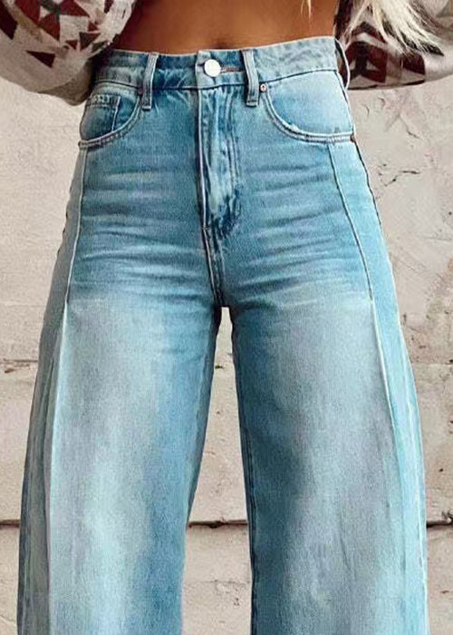 Blue Denim Waist Wide Leg High Loose Pants Light Button Pockets