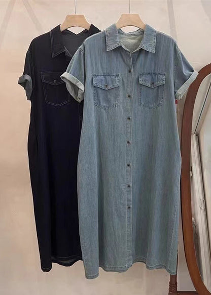 Loose Light Blue Peter Pan Collar Button Denim Shirts Dresses Summer MN085