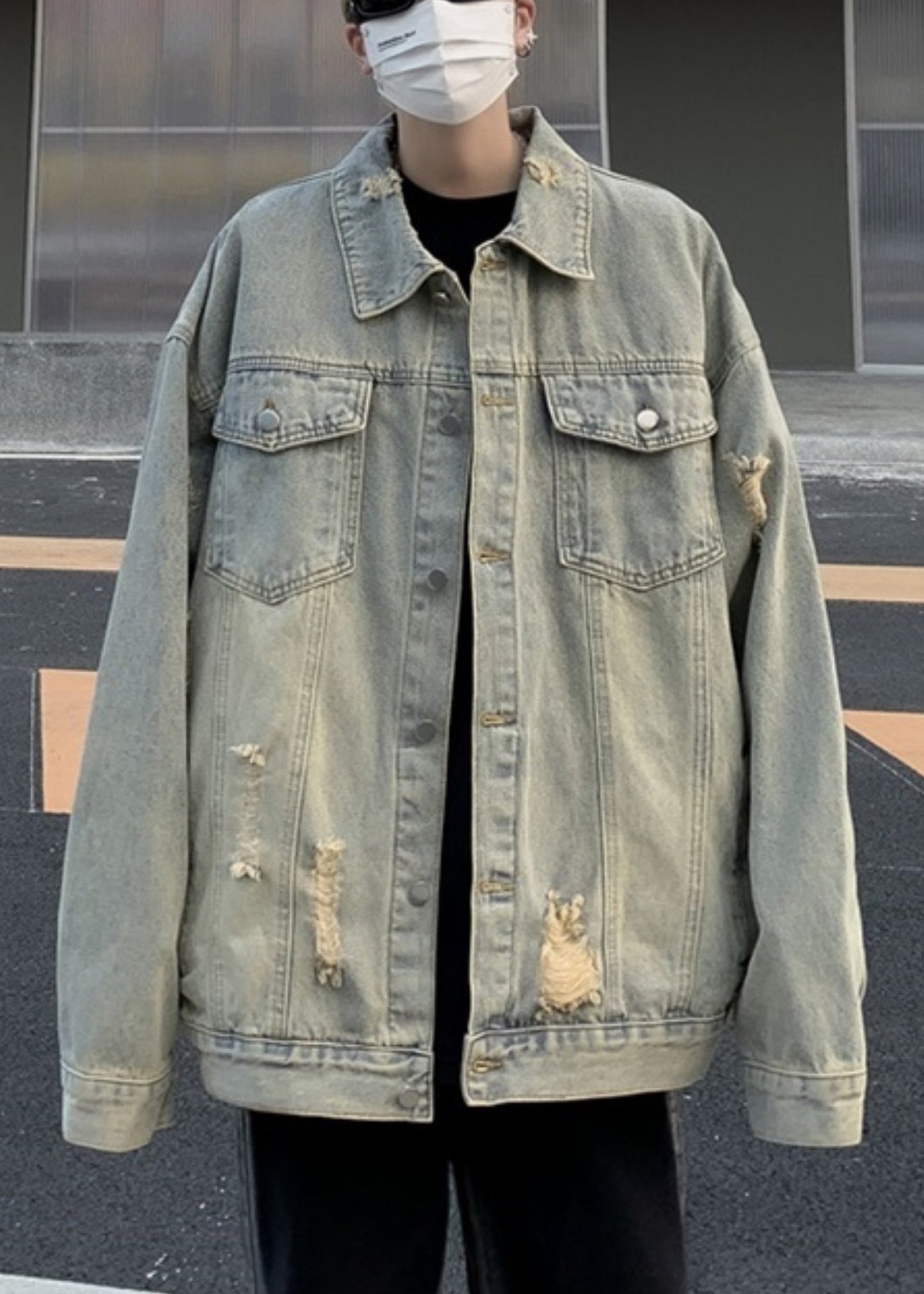 Mens Pan Hole Peter Coats Collar Light Loose Denim Blue Pockets