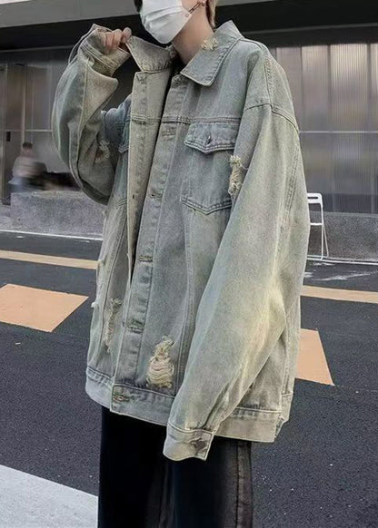 Mens Pan Hole Peter Coats Collar Light Loose Denim Blue Pockets