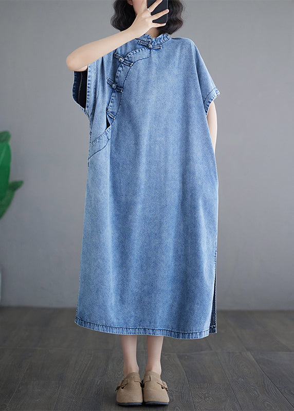 Dresses Denim Sleeve Loose Light Stand Maxi Collar Blue Short