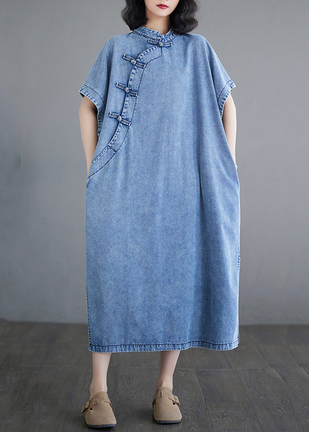 Dresses Denim Sleeve Loose Light Stand Maxi Collar Blue Short
