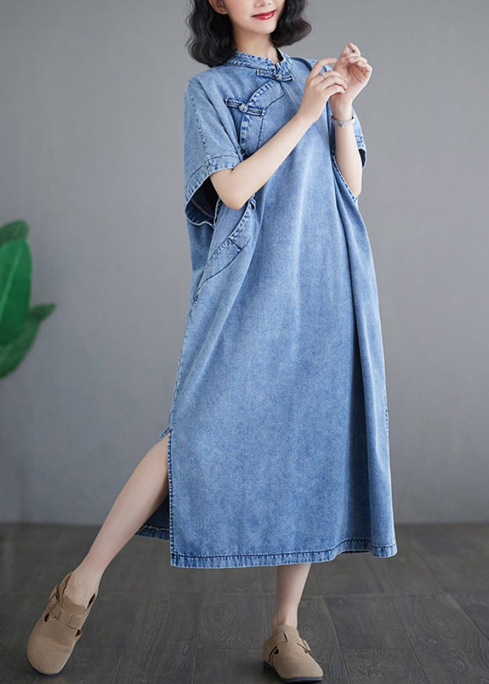 Dresses Denim Sleeve Loose Light Stand Maxi Collar Blue Short