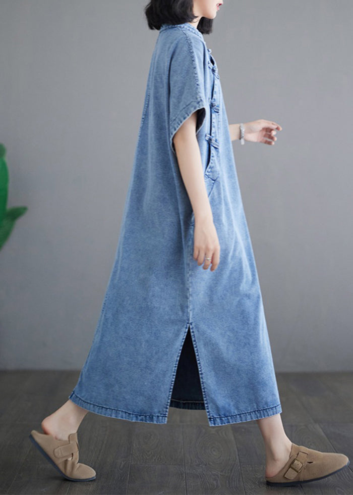 Dresses Denim Sleeve Loose Light Stand Maxi Collar Blue Short