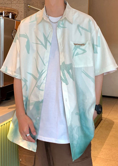 Green Men Button Shirts Gradient Light Print Silk Color Ice Loose