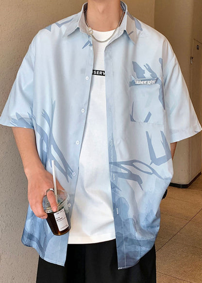 Green Men Button Shirts Gradient Light Print Silk Color Ice Loose