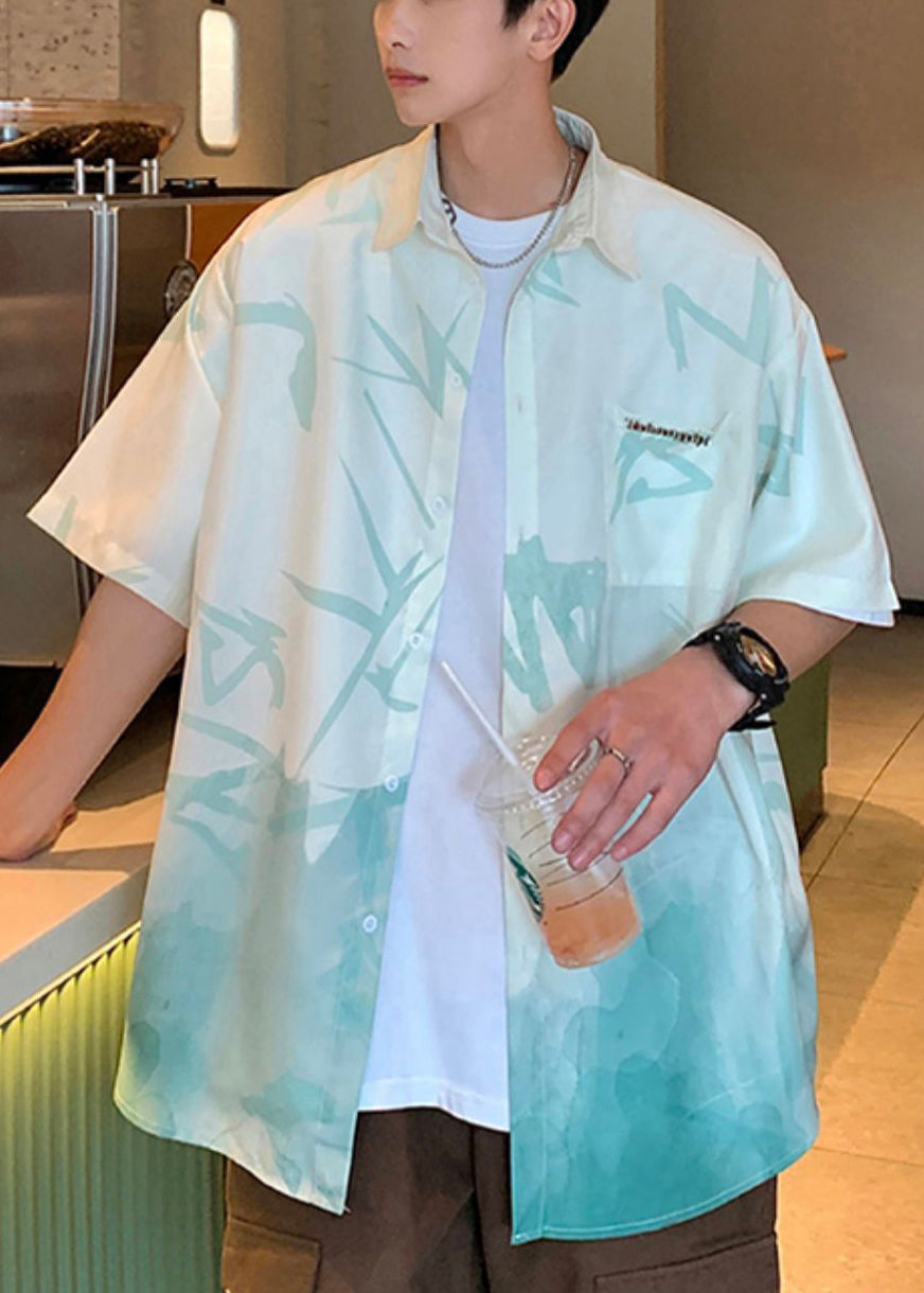 Green Men Button Shirts Gradient Light Print Silk Color Ice Loose