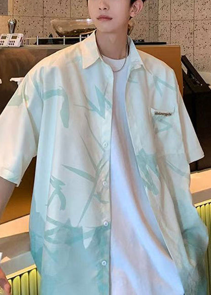 Green Men Button Shirts Gradient Light Print Silk Color Ice Loose