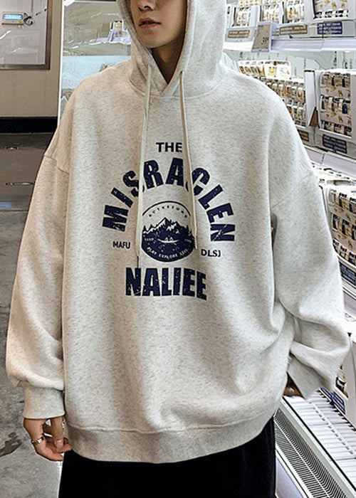 Loose Light Grey Hooded Lace Up Print Warm Fleece Mens Sweatshirts Spring YQ034