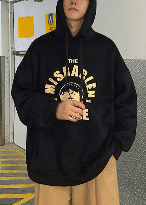 Loose Light Grey Hooded Lace Up Print Warm Fleece Mens Sweatshirts Spring YQ034