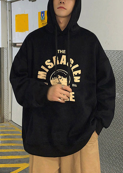 Loose Light Grey Hooded Lace Up Print Warm Fleece Mens Sweatshirts Spring YQ034