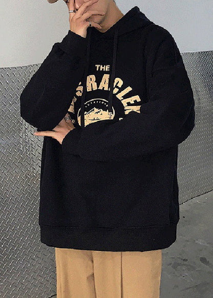 Loose Light Grey Hooded Lace Up Print Warm Fleece Mens Sweatshirts Spring YQ034