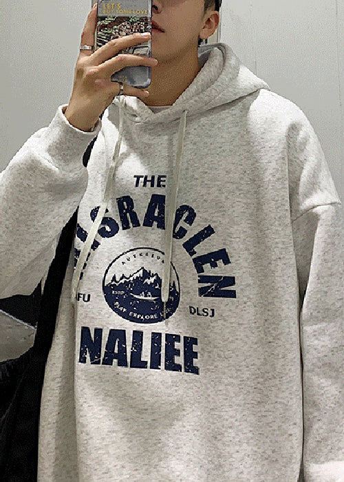 Loose Light Grey Hooded Lace Up Print Warm Fleece Mens Sweatshirts Spring YQ034
