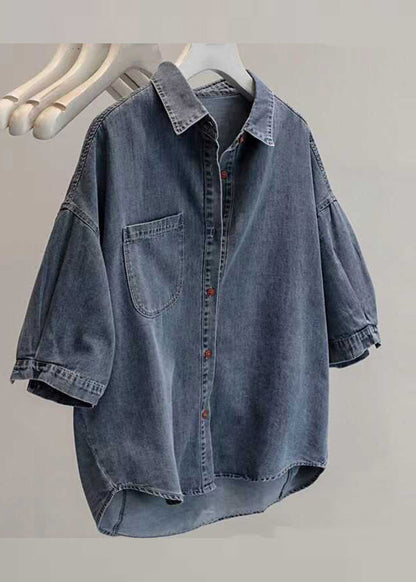 Chemise en jean ample gris clair à col Peter Pan et patchwork à taille basse et haute pour l'été VB1080