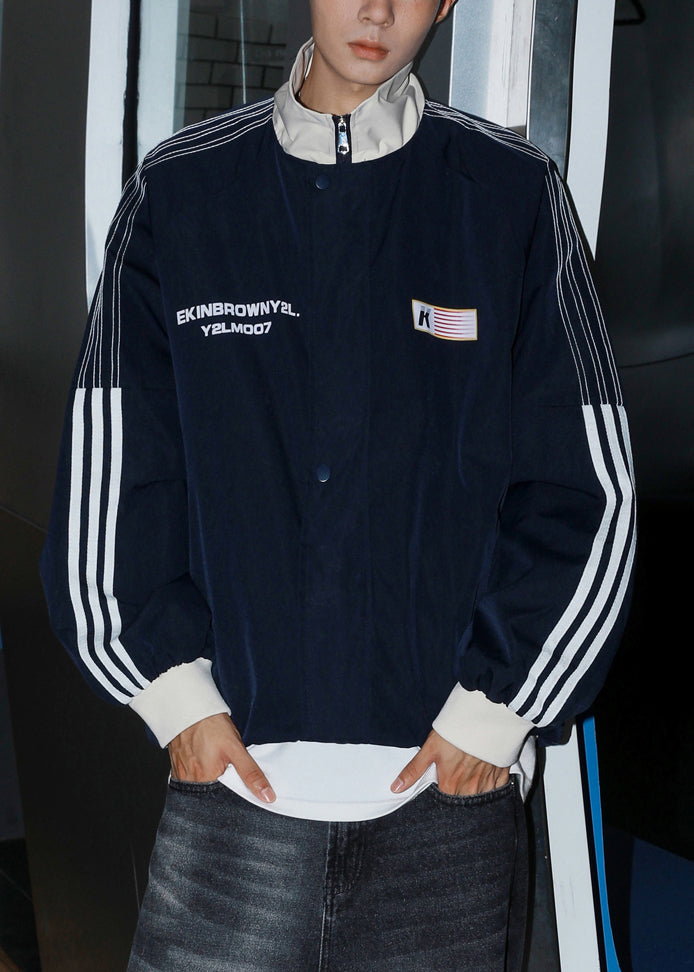 Letter Cotton Men Loose Coat Spring Striped Light Grey