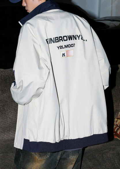 Letter Cotton Men Loose Coat Spring Striped Light Grey