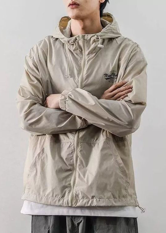 Light Drawstring Hooded Loose Ice Coats Silk Khaki Print Mens