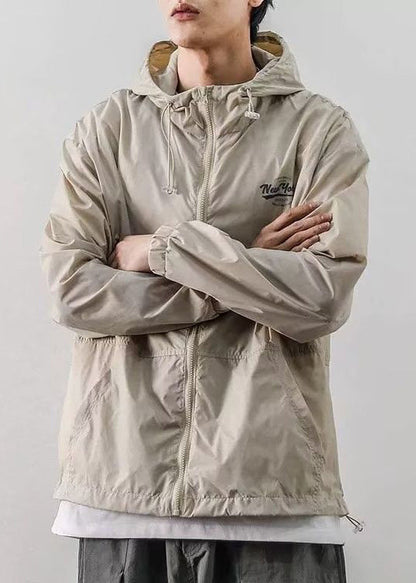 Light Drawstring Hooded Loose Ice Coats Silk Khaki Print Mens
