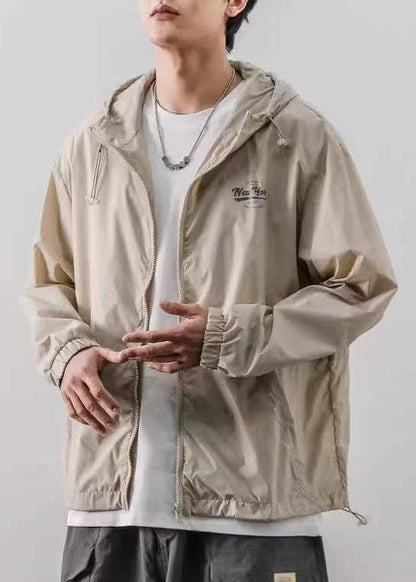 Light Drawstring Hooded Loose Ice Coats Silk Khaki Print Mens