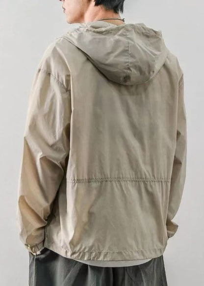 Light Drawstring Hooded Loose Ice Coats Silk Khaki Print Mens