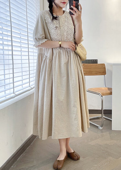 Loose Linen O Neck Lace Patchwork Linen Long Dresses Summer GG049