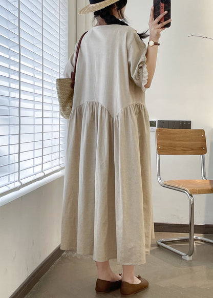 Loose Linen O Neck Lace Patchwork Linen Long Dresses Summer GG049