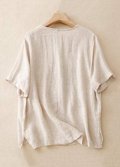 Loose Linen O Neck Print Side Open Linen T Shirts Summer GG024