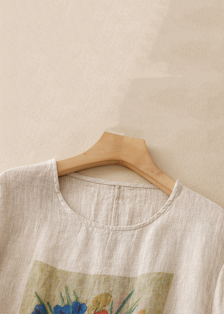 Loose Linen O Neck Print Side Open Linen T Shirts Summer GG024