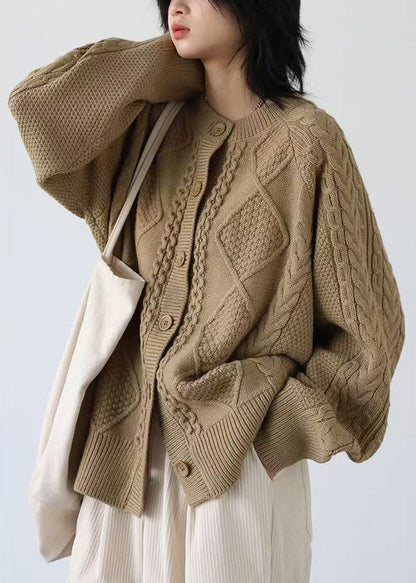 Loose Milk Tea Color Button Cozy Thick Cable Knit Sweater Spring YW025