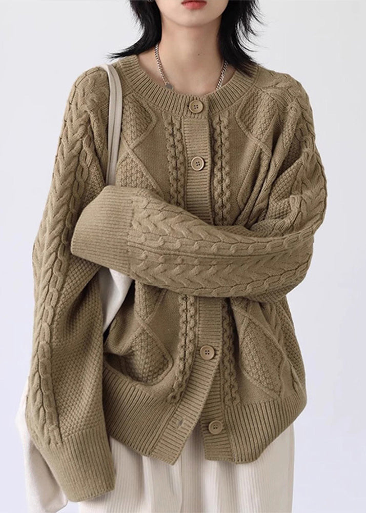 Loose Milk Tea Color Button Cozy Thick Cable Knit Sweater Spring YW025