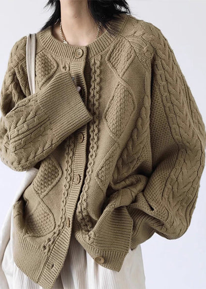 Loose Milk Tea Color Button Cozy Thick Cable Knit Sweater Spring YW025