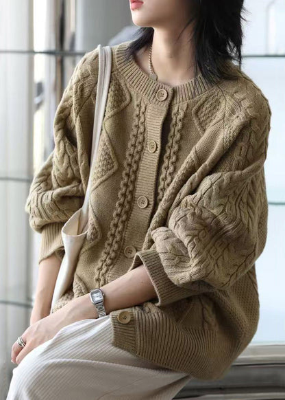 Loose Milk Tea Color Button Cozy Thick Cable Knit Sweater Spring YW025