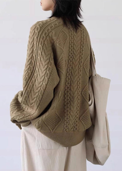 Loose Milk Tea Color Button Cozy Thick Cable Knit Sweater Spring YW025