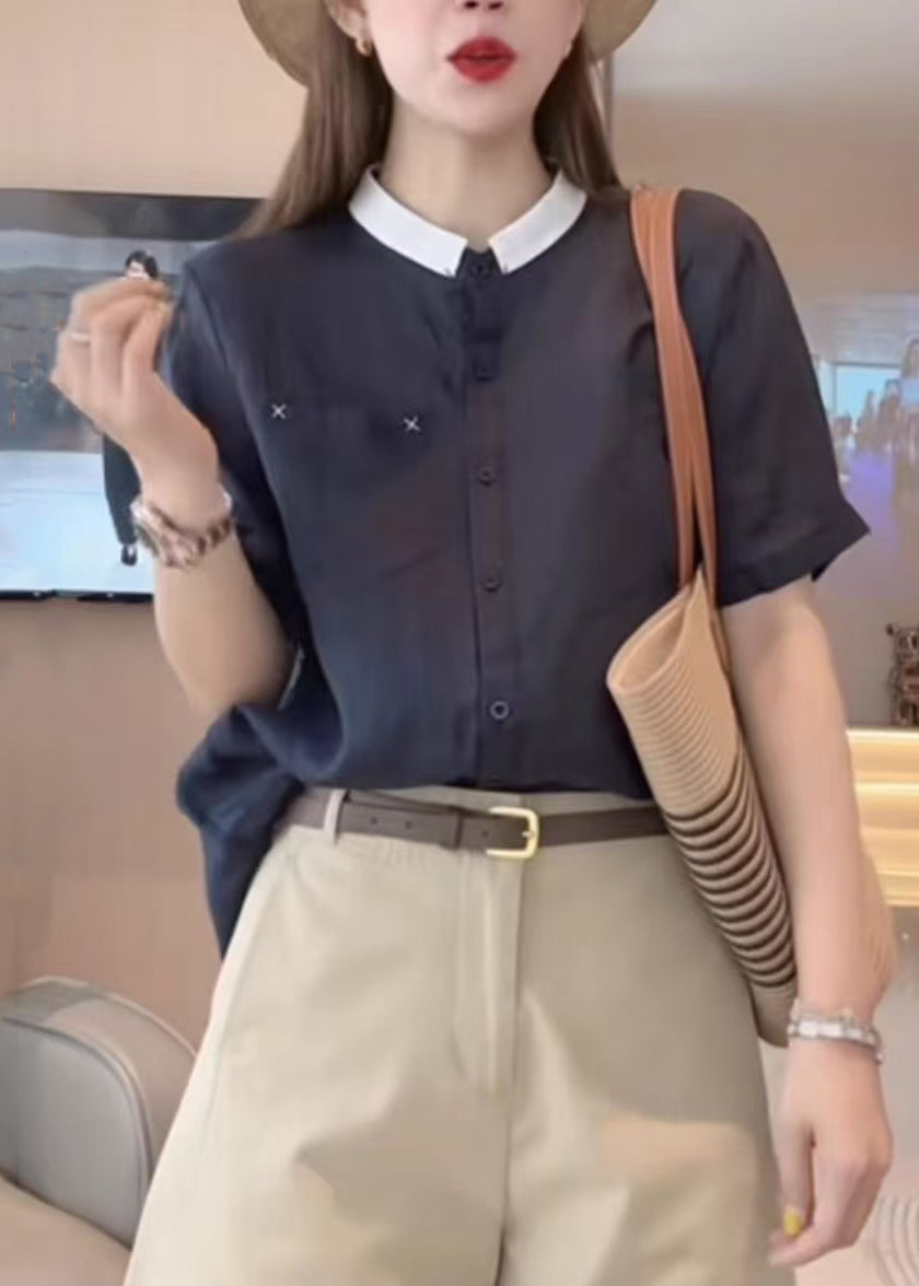 Summer Cotton Shirts Navy Pockets Loose Button