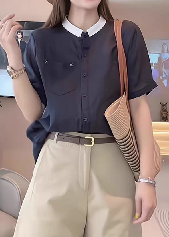 Summer Cotton Shirts Navy Pockets Loose Button