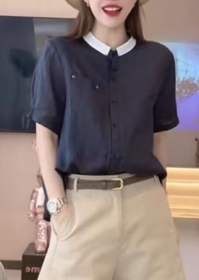 Summer Cotton Shirts Navy Pockets Loose Button