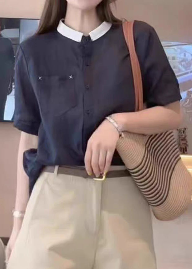 Summer Cotton Shirts Navy Pockets Loose Button