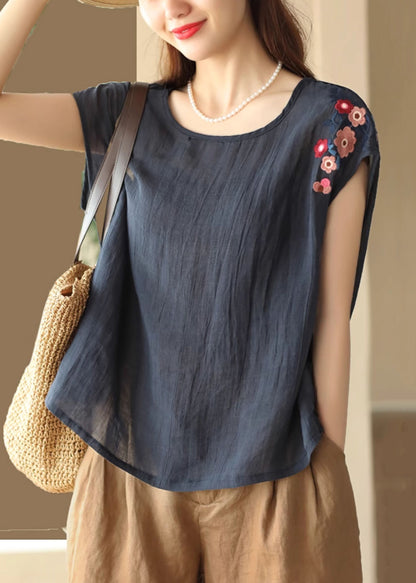 Navy Summer Shirts O Linen Neck T Loose Embroidered