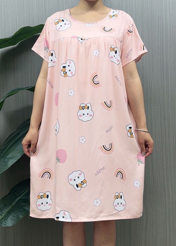 Loose Navy O Neck Print Cotton Pajamas Dresses Summer MN036