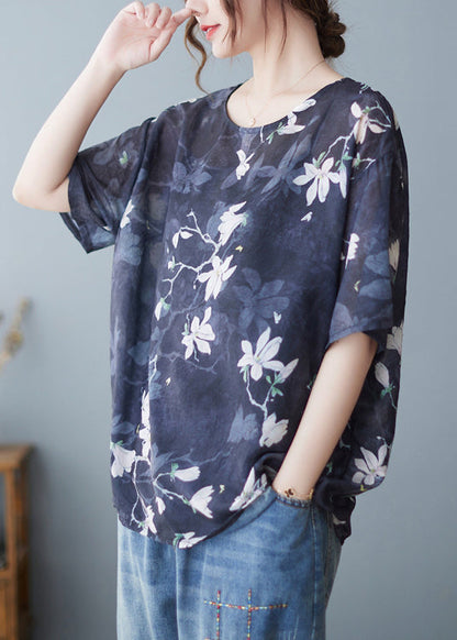 Loose Navy O Neck Print Linen T Shirts Summer JH020