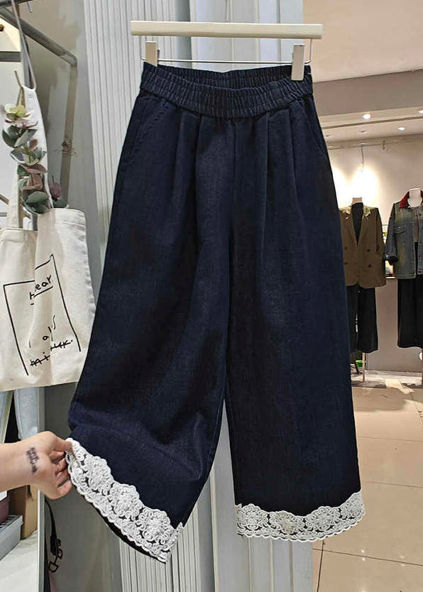 Patchwork Lace Loose Crop Summer Denim Navy Pockets Pants